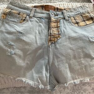 POL Blue and Tan Distressed Jean Shorts